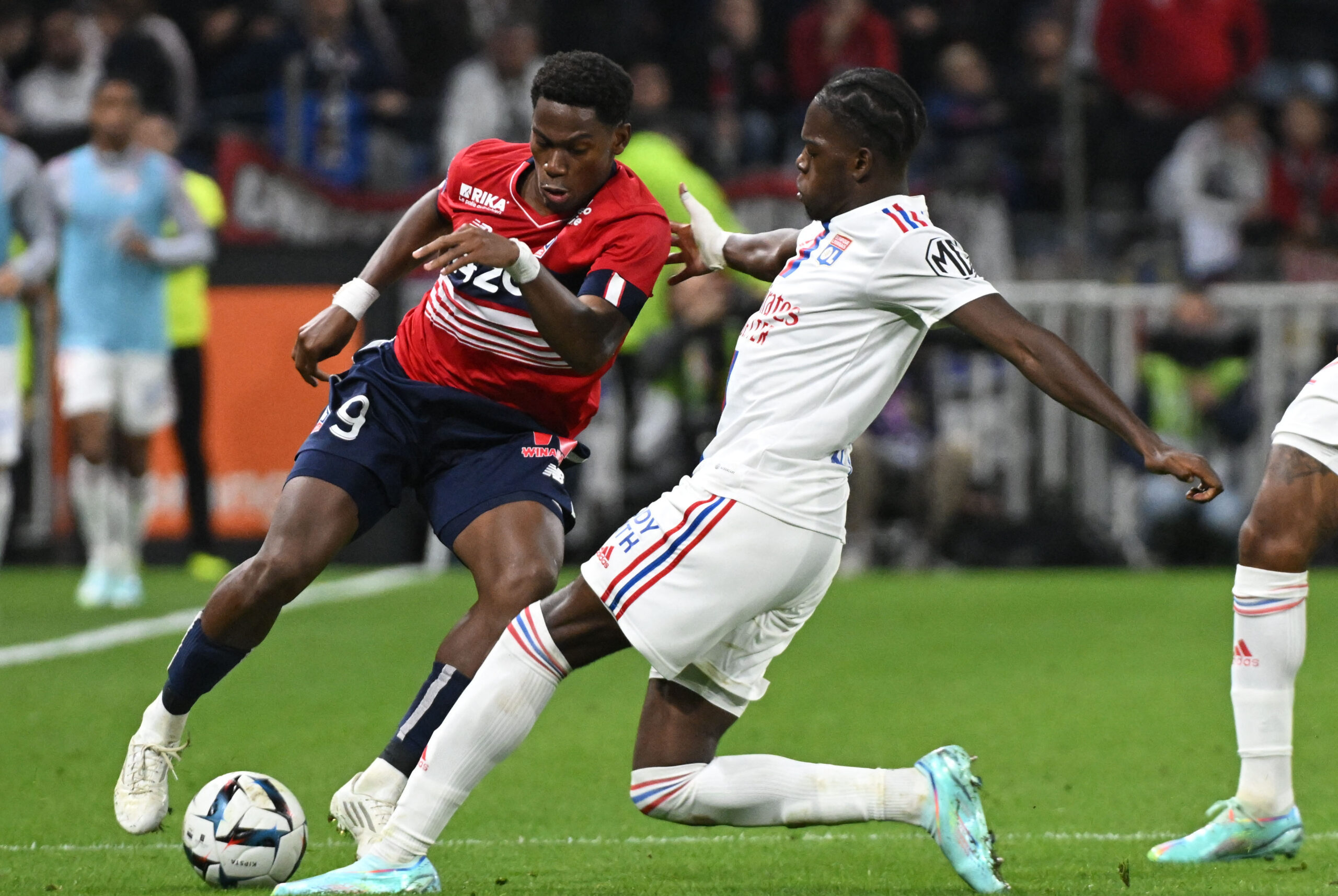 Castello Lukeba et Jonathan David lors du match OL - Lille