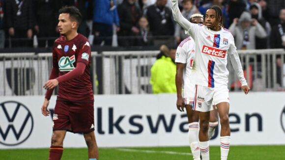 Bradley Barcola qui célèbre son 1er but en professionnel lors d'OL - Metz en Coupe de France