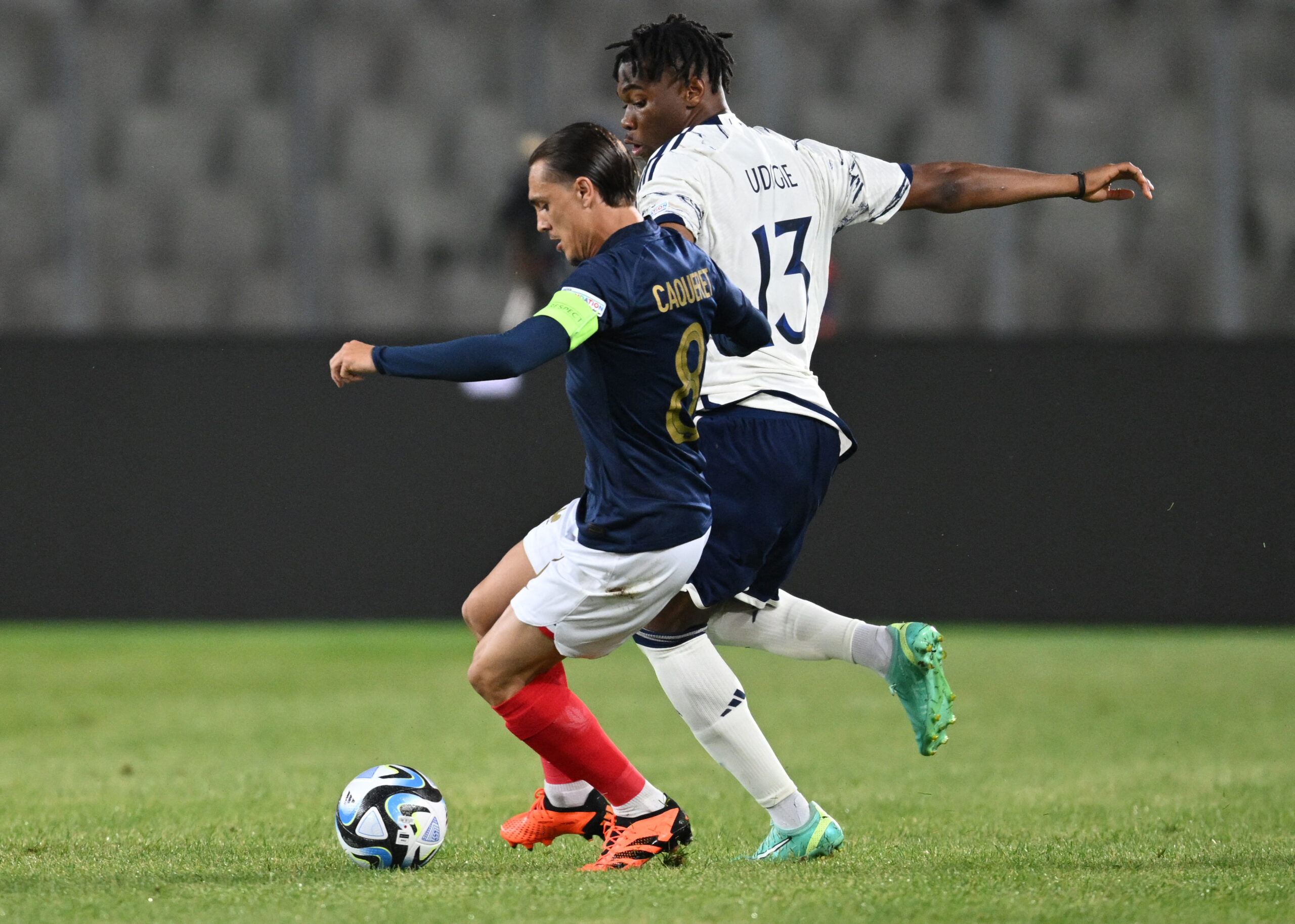 Maxence Caqueret lors de France - Italie à l'Euro Espoirs