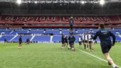 Le XV de France lors d'un entraînement au Parc OL en 2017