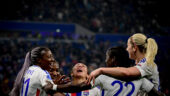 La joie des joueuses de l'OL féminin après un but contre le Bayern Munich