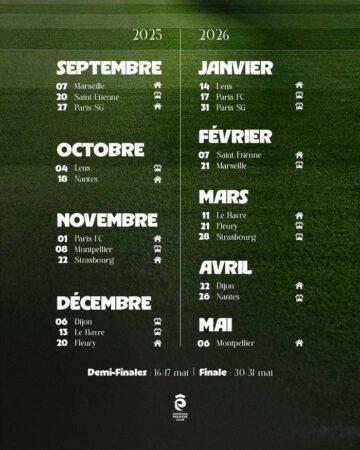Calendrier de l'OL Lyonnes en 2025-2026