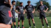 Georges Mikautadze, Nicolas Tagliafico, Tyler Morton et Pavel Sulc à l'entraînement de l'OL