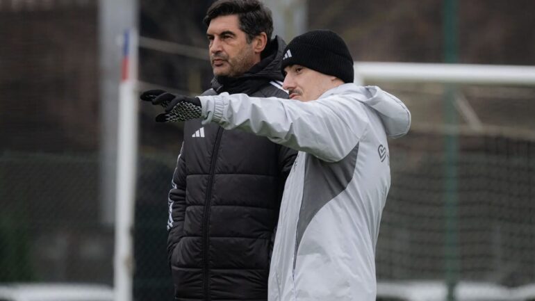 Paulo Fonseca et Adrien Tarascon à l'entraînement de l'OL