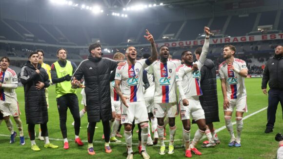 La joie des joueurs de l'OL après la victoire à Lille.