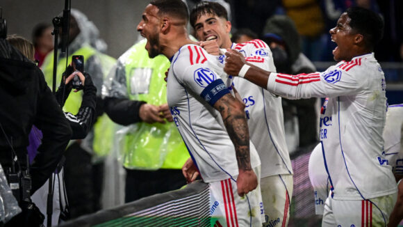 La joie de Corentin Tolisso, Afonso Moreira et Endrick lors d'OL - Lorient